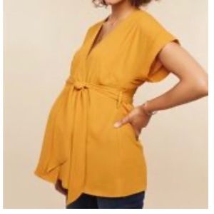 Faux Wrap Maternity Blouse with Tie Belt